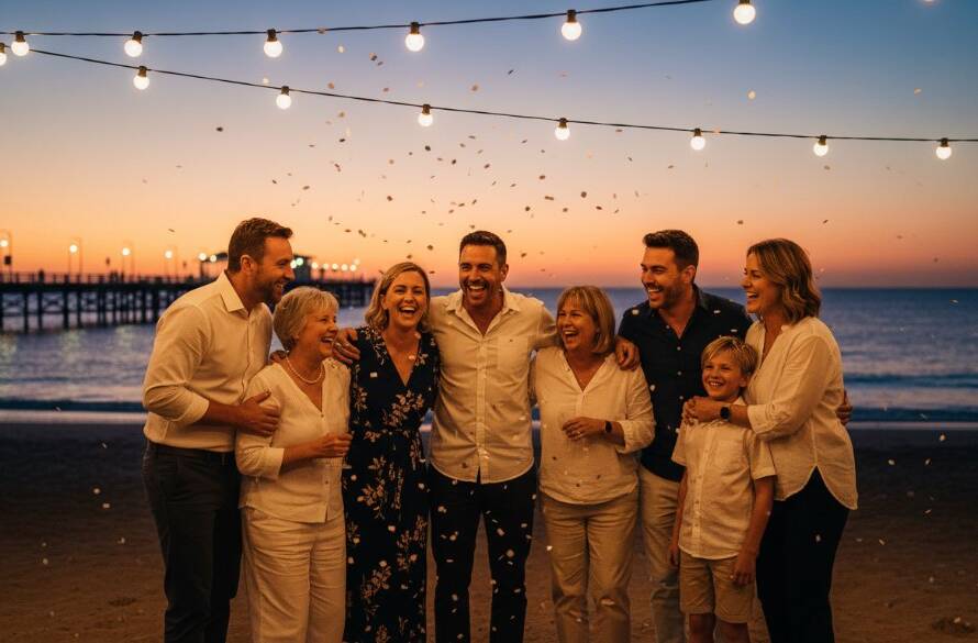Altona family party photography vibrant moments: A wide shot capturing guests laughing and dancing under string lights at a twilight beachside party in Altona, Victoria, with the pier faintly visible in the background, professional cinematic lighting, rich colour grading, dynamic composition, joy.