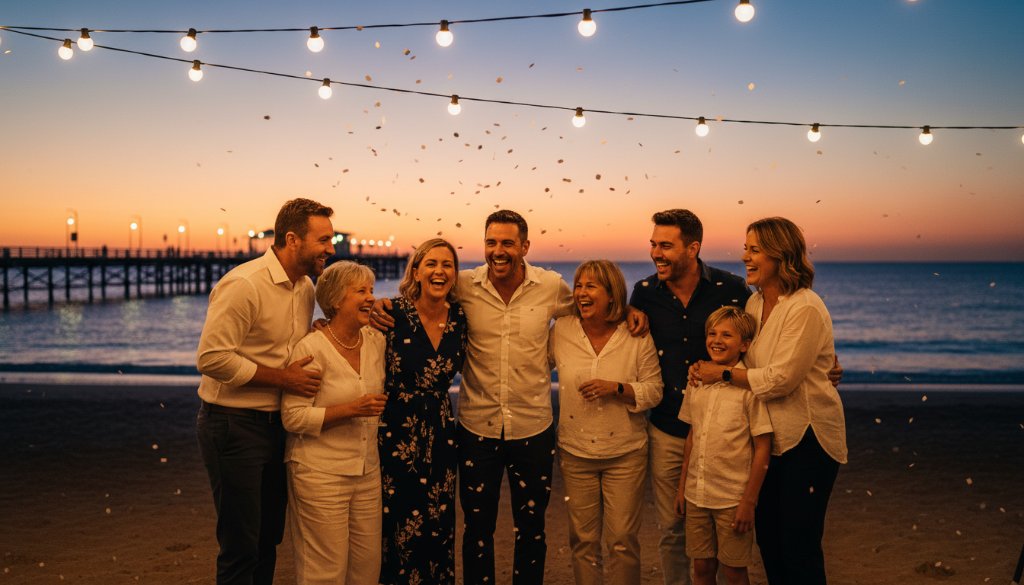 Altona family party photography vibrant moments: A wide shot capturing guests laughing and dancing under string lights at a twilight beachside party in Altona, Victoria, with the pier faintly visible in the background, professional cinematic lighting, rich colour grading, dynamic composition, joy.