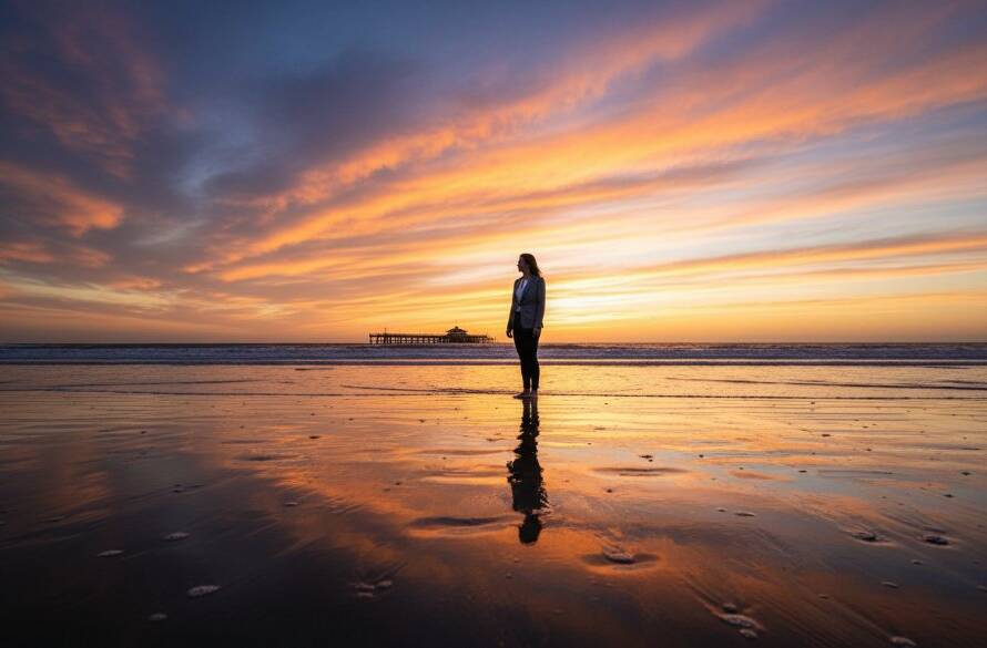 A breathtaking fine art portrait captured through Altona fine art photography capturing coastal serenity, featuring a lone figure silhouetted against a dramatic sunset over Altona Beach, waves gently breaking, with warm golden light illuminating the scene, evoking peace and introspection.