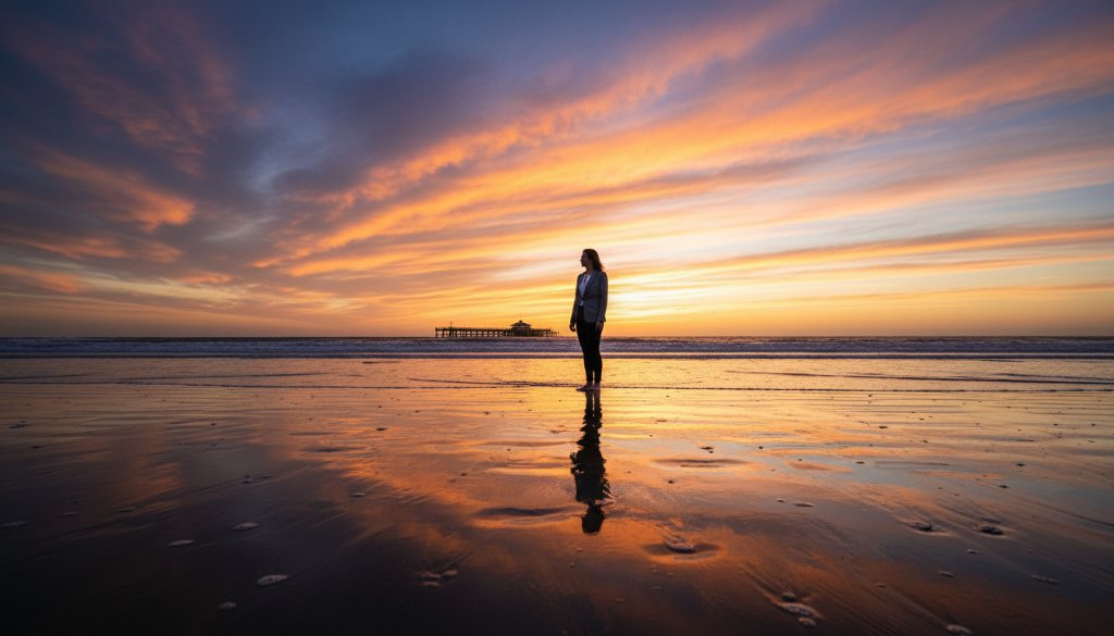 A breathtaking fine art portrait captured through Altona fine art photography capturing coastal serenity, featuring a lone figure silhouetted against a dramatic sunset over Altona Beach, waves gently breaking, with warm golden light illuminating the scene, evoking peace and introspection.