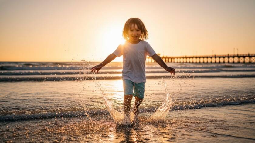 A vibrant, professionally color-graded photograph capturing an 'epic moment' of Altona kids beach photography real moments. A child is joyfully running through shallow waves at sunset on Altona Beach, their silhouette slightly backlit, splashing water creating an ethereal glow, with the iconic Altona pier faintly visible in the background, embodying pure, unbridled childhood happiness.