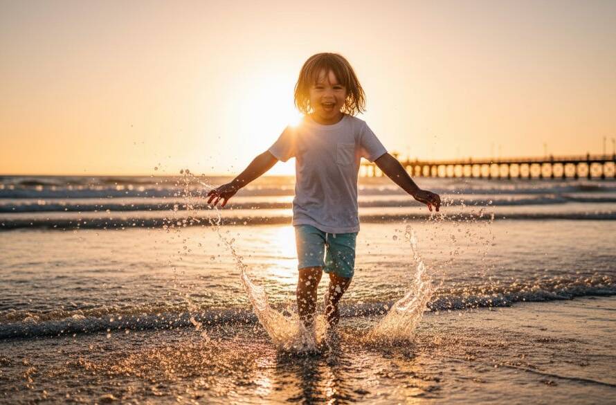 A vibrant, professionally color-graded photograph capturing an 'epic moment' of Altona kids beach photography real moments. A child is joyfully running through shallow waves at sunset on Altona Beach, their silhouette slightly backlit, splashing water creating an ethereal glow, with the iconic Altona pier faintly visible in the background, embodying pure, unbridled childhood happiness.