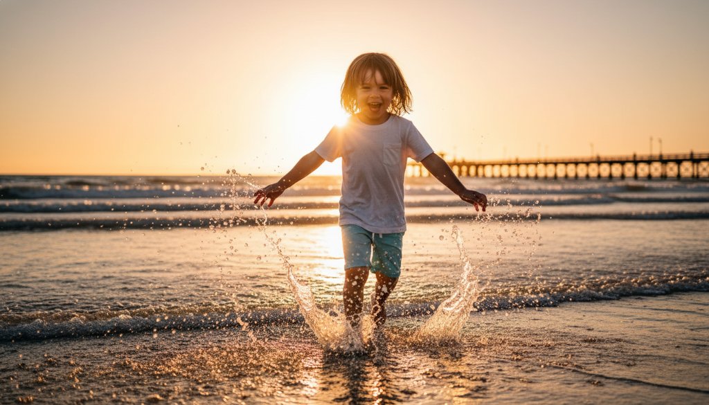 A vibrant, professionally color-graded photograph capturing an 'epic moment' of Altona kids beach photography real moments. A child is joyfully running through shallow waves at sunset on Altona Beach, their silhouette slightly backlit, splashing water creating an ethereal glow, with the iconic Altona pier faintly visible in the background, embodying pure, unbridled childhood happiness.