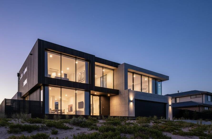 Dramatic wide-angle shot capturing the striking modern facade of a luxury coastal home in Altona Meadows at twilight, featuring the golden hour glow reflecting off large glass windows and sleek geometric lines, highlighting Altona Meadows architectural photography for modern coastal homes with a serene, professional ambiance.
