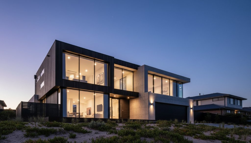 Dramatic wide-angle shot capturing the striking modern facade of a luxury coastal home in Altona Meadows at twilight, featuring the golden hour glow reflecting off large glass windows and sleek geometric lines, highlighting Altona Meadows architectural photography for modern coastal homes with a serene, professional ambiance.
