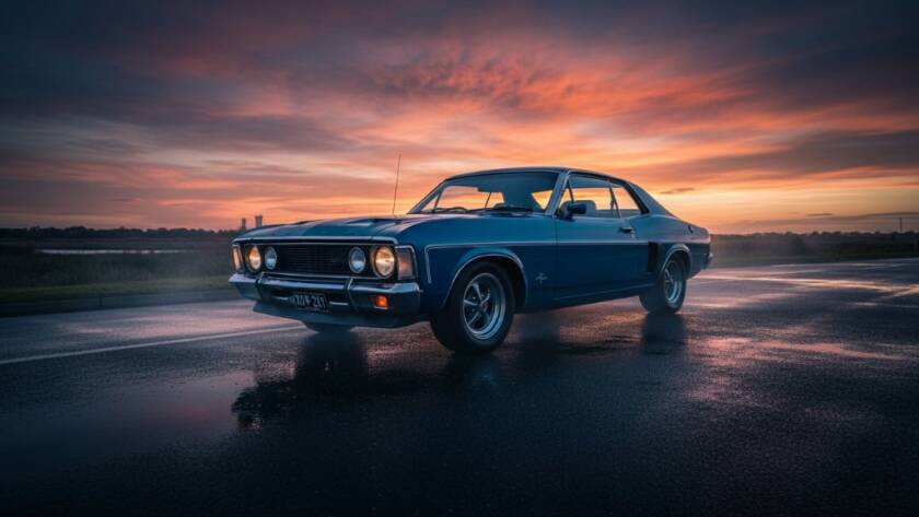A dramatic, low-angle shot of a meticulously restored vintage muscle car, gleaming under the golden hour light, parked on a quiet street in Altona Meadows, Victoria. The scene, captured with Altona Meadows classic car photography Victoria expertise, shows the vehicle's chrome reflecting the sunset, with blurred industrial backdrops hinting at the local character, evoking a sense of powerful nostalgia and cinematic artistry.