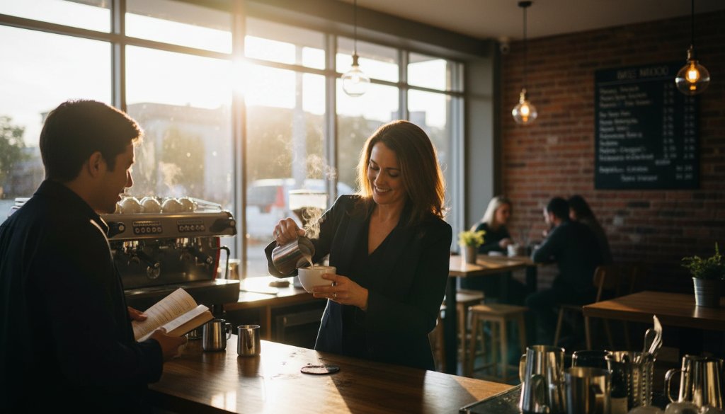 An epic, dramatically lit photograph capturing the essence of Altona Meadows commercial photography for local businesses, showcasing a vibrant local cafe owner proudly presenting a freshly brewed coffee to a smiling customer, with the cafe's modern interior and community feel highlighted through professional color grading.