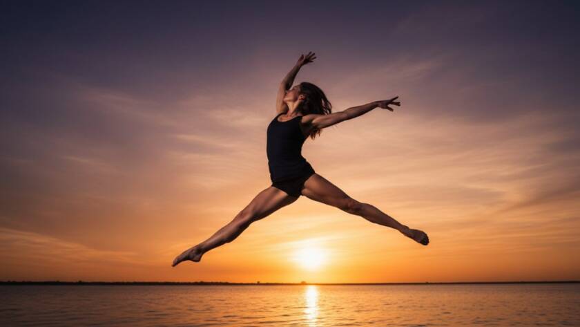A powerful dancer in mid-air, performing a dynamic leap against the sunset backdrop of Altona Meadows, beautifully capturing an 'Altona Meadows dynamic dance photography for epic moments' shot with dramatic lighting and professional colour grading.
