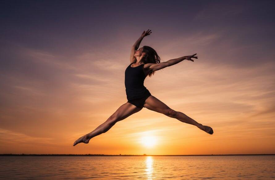 A powerful dancer in mid-air, performing a dynamic leap against the sunset backdrop of Altona Meadows, beautifully capturing an 'Altona Meadows dynamic dance photography for epic moments' shot with dramatic lighting and professional colour grading.