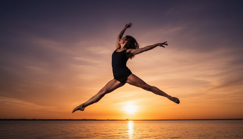 A powerful dancer in mid-air, performing a dynamic leap against the sunset backdrop of Altona Meadows, beautifully capturing an 'Altona Meadows dynamic dance photography for epic moments' shot with dramatic lighting and professional colour grading.