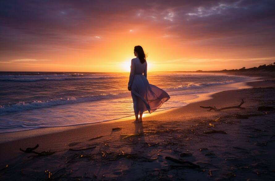 An emotionally resonant, epic moment fine art portrait showcasing a subject silhouetted against a dramatic sunset on the Altona Meadows coastline, exemplifying Altona Meadows Fine Art Photography for Coastal Portraits with professional color grading.