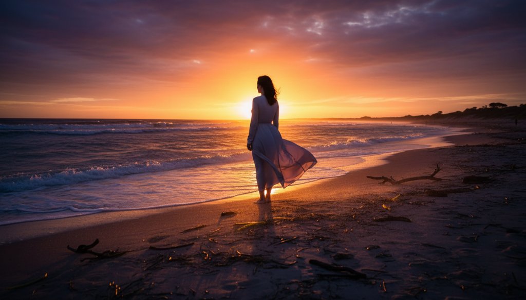 An emotionally resonant, epic moment fine art portrait showcasing a subject silhouetted against a dramatic sunset on the Altona Meadows coastline, exemplifying Altona Meadows Fine Art Photography for Coastal Portraits with professional color grading.