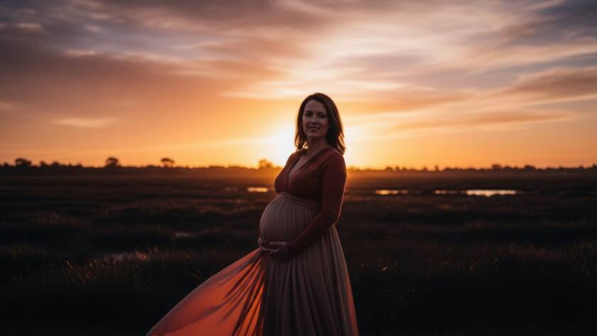 A stunning, cinematic 'epic moment' photograph of an expectant mother glowing at golden hour in Altona Meadows, with the iconic Cheetham Wetlands in the soft, blurred background, her silhouette framed by the setting sun's warm light, capturing the magic of Altona Meadows golden hour maternity photography.