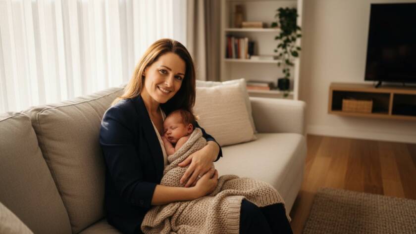 An 'epic moment' style photograph capturing a serene Altona Meadows newborn lifestyle photography scene: a tiny baby peacefully asleep in a parent's arms, bathed in soft morning light filtering through a window, with a cosy, homey Altona Meadows living room in the background, conveying warmth and love.