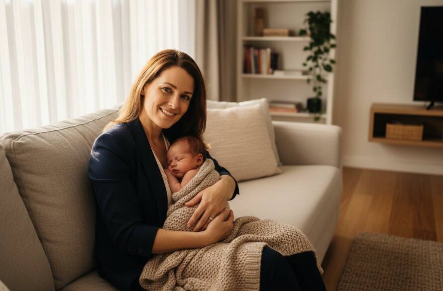 An 'epic moment' style photograph capturing a serene Altona Meadows newborn lifestyle photography scene: a tiny baby peacefully asleep in a parent's arms, bathed in soft morning light filtering through a window, with a cosy, homey Altona Meadows living room in the background, conveying warmth and love.