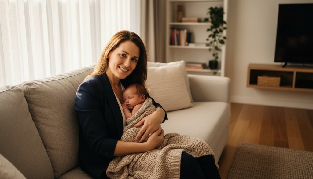 An 'epic moment' style photograph capturing a serene Altona Meadows newborn lifestyle photography scene: a tiny baby peacefully asleep in a parent's arms, bathed in soft morning light filtering through a window, with a cosy, homey Altona Meadows living room in the background, conveying warmth and love.