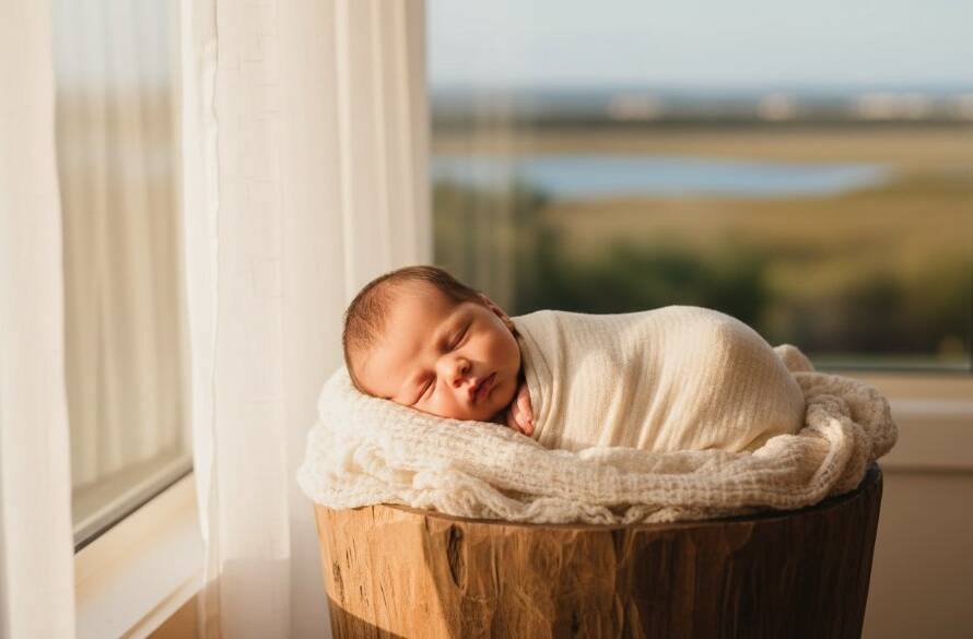 A tender, cinematic wide shot capturing Altona newborn photography timeless memories, with a sleeping baby swaddled peacefully in soft light, bathed in the warm glow of a stunning Altona sunset through a window, parents' hands gently cradling, evoking a sense of calm and new beginnings, professionally colour graded.