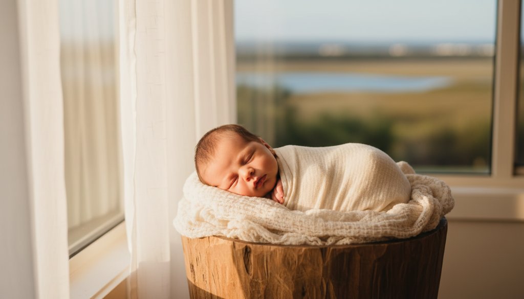 A tender, cinematic wide shot capturing Altona newborn photography timeless memories, with a sleeping baby swaddled peacefully in soft light, bathed in the warm glow of a stunning Altona sunset through a window, parents' hands gently cradling, evoking a sense of calm and new beginnings, professionally colour graded.