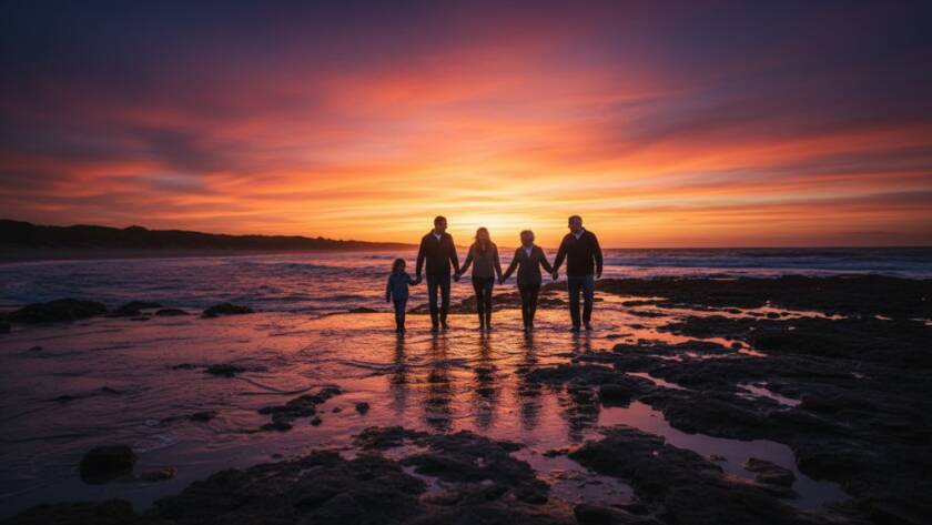An epic moment captured in Altona North bespoke fine art photography heirlooms, featuring a family silhouetted against a dramatic sunset over Altona Coastal Park, evoking a sense of timeless connection and artistic beauty.