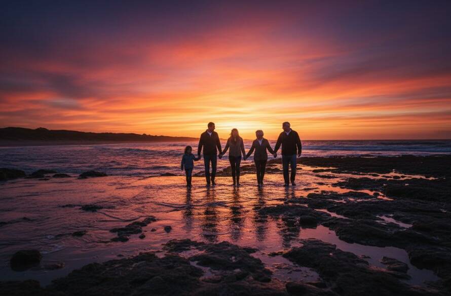 An epic moment captured in Altona North bespoke fine art photography heirlooms, featuring a family silhouetted against a dramatic sunset over Altona Coastal Park, evoking a sense of timeless connection and artistic beauty.