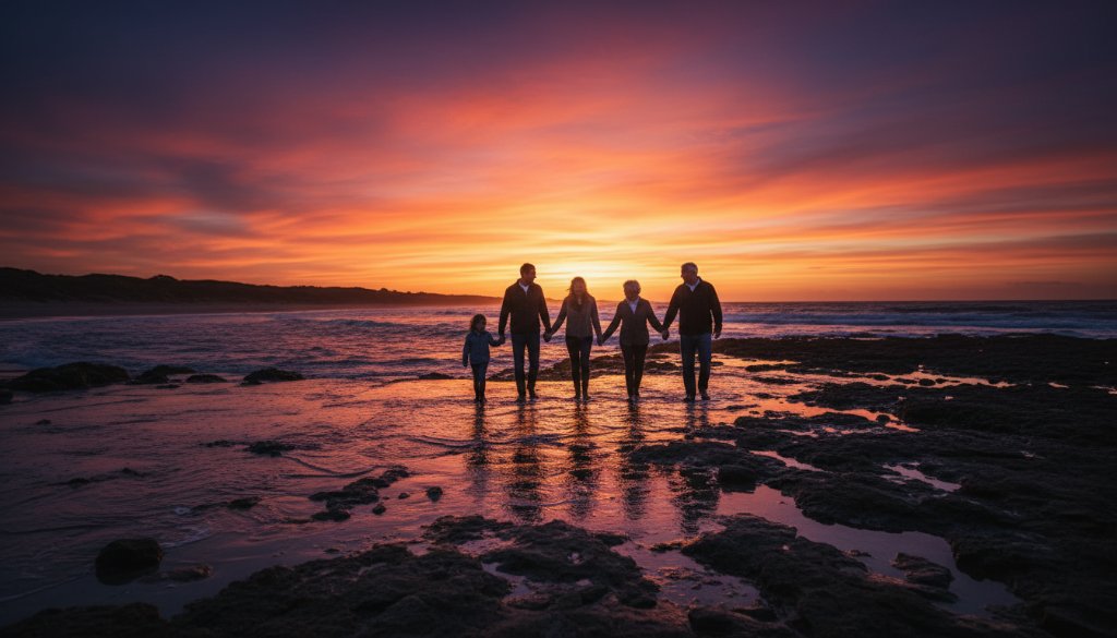 An epic moment captured in Altona North bespoke fine art photography heirlooms, featuring a family silhouetted against a dramatic sunset over Altona Coastal Park, evoking a sense of timeless connection and artistic beauty.