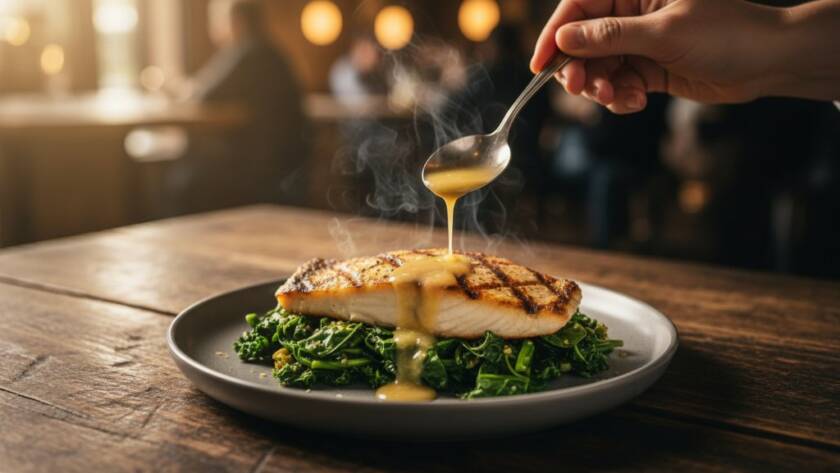 Dynamic close-up shot of a gourmet burger sizzling on a cast-iron pan in an Altona North cafe kitchen, professionally lit to showcase the delectable textures, capturing the essence of Altona North cafe food photography to entice local diners.