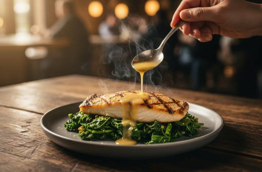 Dynamic close-up shot of a gourmet burger sizzling on a cast-iron pan in an Altona North cafe kitchen, professionally lit to showcase the delectable textures, capturing the essence of Altona North cafe food photography to entice local diners.