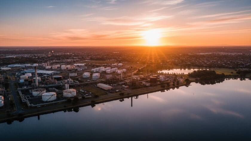 A dramatic wide-angle drone shot capturing the unique industrial and natural blend of Altona North from an elevated perspective, showcasing the focus keyphrase Altona North elevated views drone photography local beauty at sunset, with golden light illuminating the cityscape and coastline.