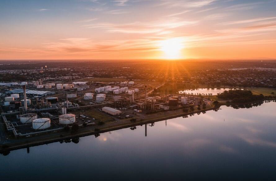 A dramatic wide-angle drone shot capturing the unique industrial and natural blend of Altona North from an elevated perspective, showcasing the focus keyphrase Altona North elevated views drone photography local beauty at sunset, with golden light illuminating the cityscape and coastline.