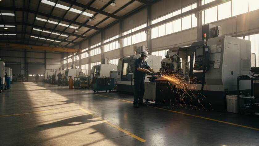Dramatic, wide-angle shot capturing the essence of Altona North industrial photography for brand storytelling, featuring a professional photographer capturing a modern factory floor bathed in golden hour light, highlighting a precise manufacturing process with dynamic energy and advanced machinery.