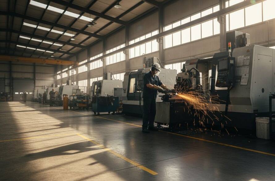 Dramatic, wide-angle shot capturing the essence of Altona North industrial photography for brand storytelling, featuring a professional photographer capturing a modern factory floor bathed in golden hour light, highlighting a precise manufacturing process with dynamic energy and advanced machinery.