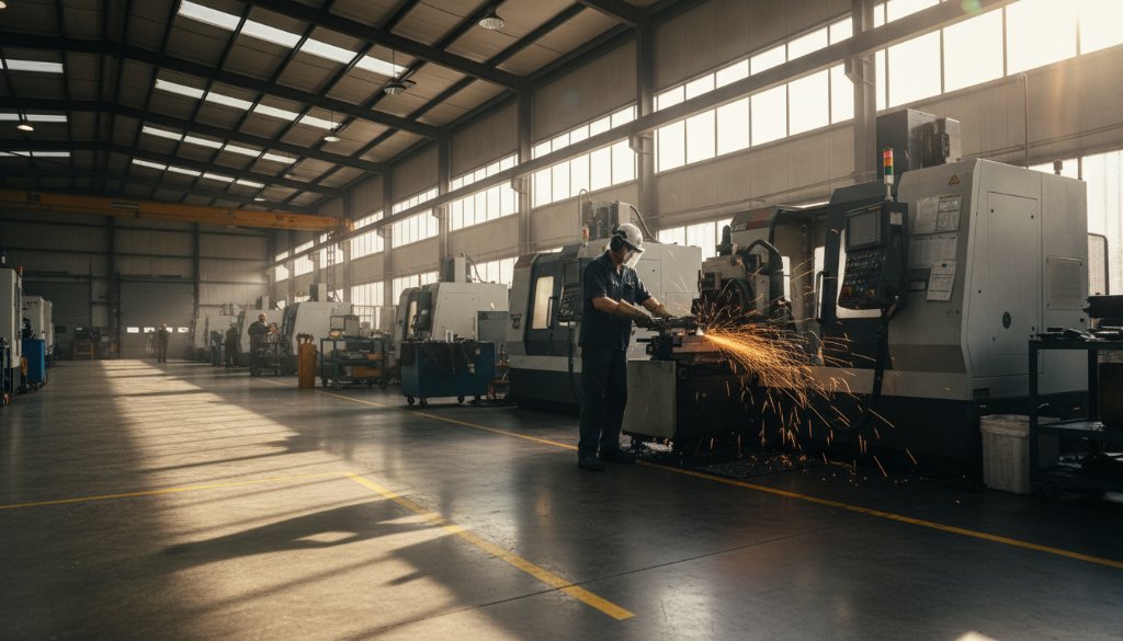 Dramatic, wide-angle shot capturing the essence of Altona North industrial photography for brand storytelling, featuring a professional photographer capturing a modern factory floor bathed in golden hour light, highlighting a precise manufacturing process with dynamic energy and advanced machinery.