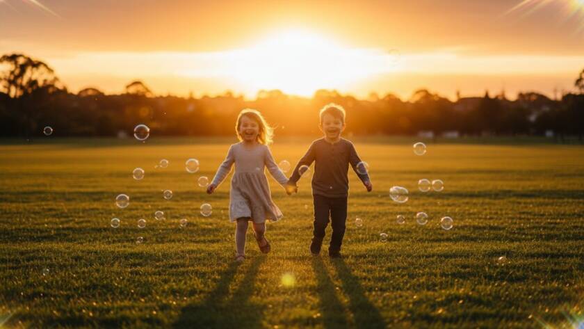 An epic moment of joyful Altona North kids photography capturing childhood wonder, showing two children laughing as they play with bubbles in a sun-drenched park in Altona North, expertly captured with professional lighting and warm tones.
