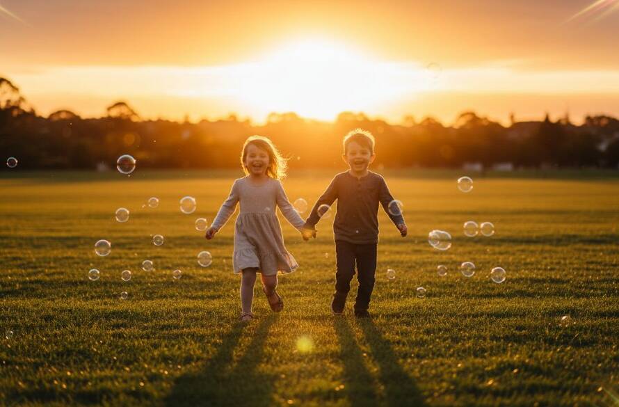 An epic moment of joyful Altona North kids photography capturing childhood wonder, showing two children laughing as they play with bubbles in a sun-drenched park in Altona North, expertly captured with professional lighting and warm tones.