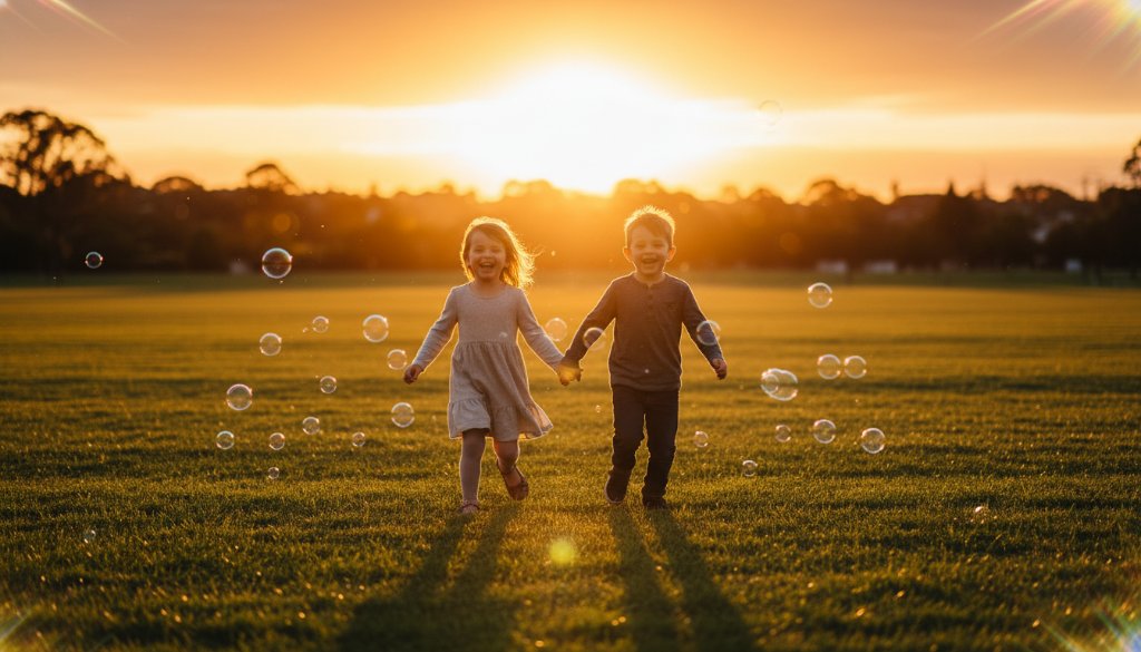 An epic moment of joyful Altona North kids photography capturing childhood wonder, showing two children laughing as they play with bubbles in a sun-drenched park in Altona North, expertly captured with professional lighting and warm tones.