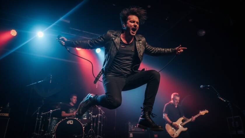 Dynamic Altona North live music photography Melbourne capturing a lead singer mid-scream under dramatic stage lights, guitar soaring, crowd hands visible, conveying raw energy.