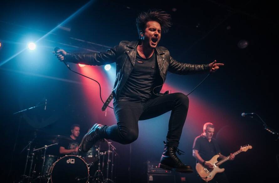 Dynamic Altona North live music photography Melbourne capturing a lead singer mid-scream under dramatic stage lights, guitar soaring, crowd hands visible, conveying raw energy.
