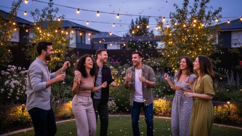 An ecstatic group of friends dancing under colourful lights at a vibrant outdoor party in Altona North, expertly captured with Altona North lively party photography Melbourne, showing genuine joy and connection.
