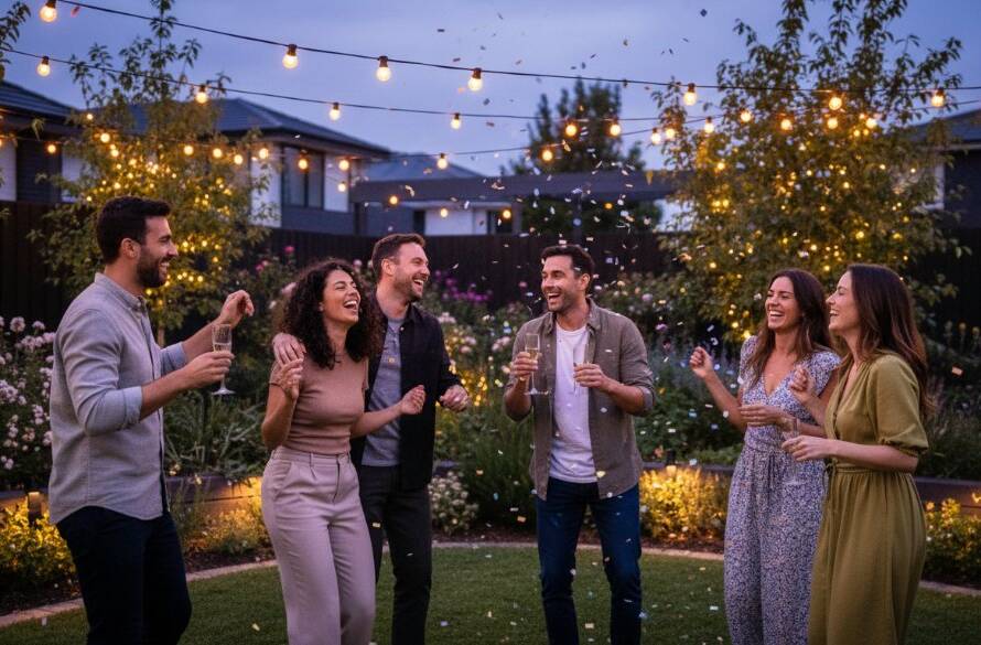 An ecstatic group of friends dancing under colourful lights at a vibrant outdoor party in Altona North, expertly captured with Altona North lively party photography Melbourne, showing genuine joy and connection.