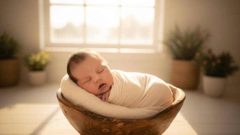 An 'epic moment' style photograph of a newborn baby swaddled in soft, natural fabrics, gently held in a parent's hands, bathed in dramatic golden hour light filtering through a window, with a subtly blurred backdrop hinting at Altona North's peaceful, family-friendly surroundings, embodying Altona North newborn photography unique storytelling.