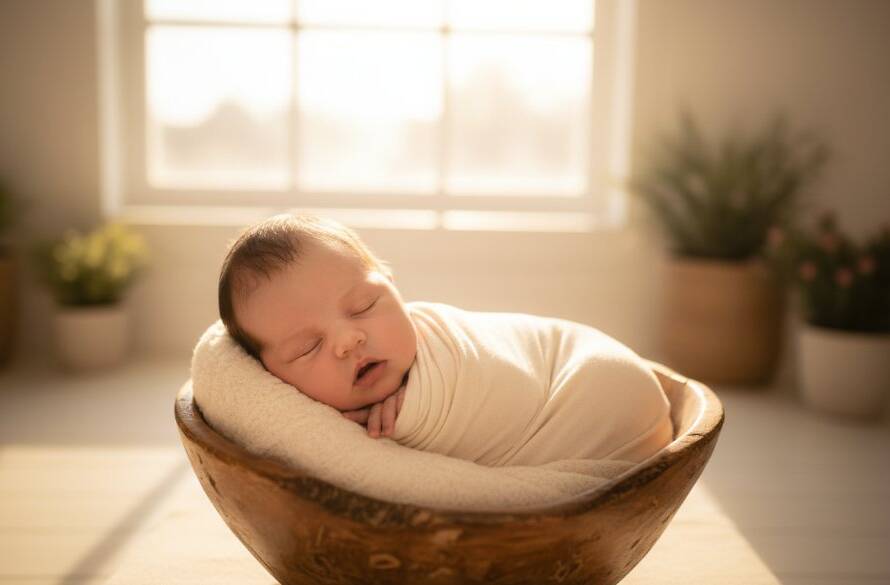 An 'epic moment' style photograph of a newborn baby swaddled in soft, natural fabrics, gently held in a parent's hands, bathed in dramatic golden hour light filtering through a window, with a subtly blurred backdrop hinting at Altona North's peaceful, family-friendly surroundings, embodying Altona North newborn photography unique storytelling.