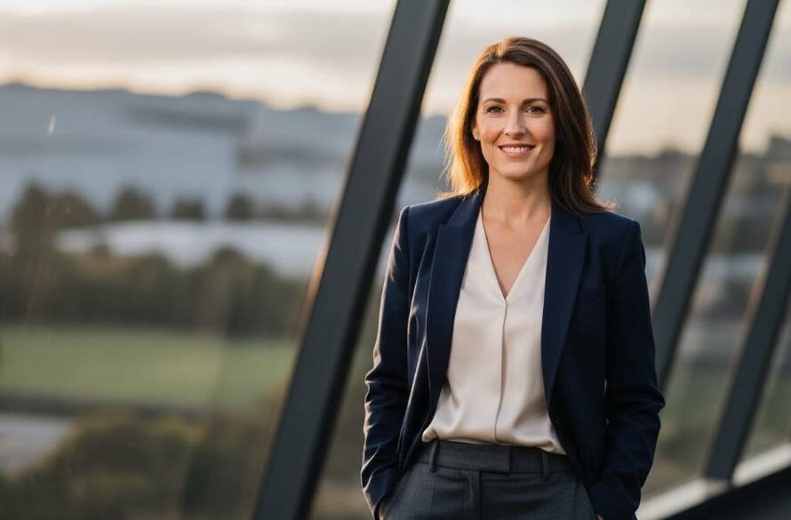 An epic moment captured in Altona North: A confident business professional smiling genuinely in a modern office environment, with dynamic lighting and professional colour grading, illustrating the power of Altona North professional corporate portraits for brand success.