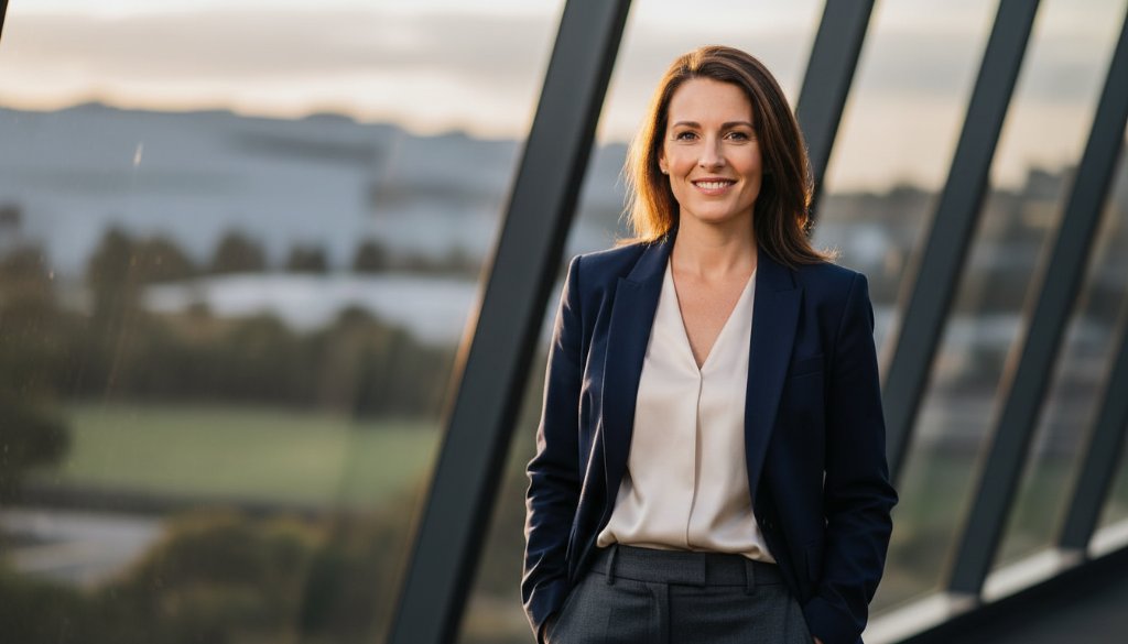 An epic moment captured in Altona North: A confident business professional smiling genuinely in a modern office environment, with dynamic lighting and professional colour grading, illustrating the power of Altona North professional corporate portraits for brand success.
