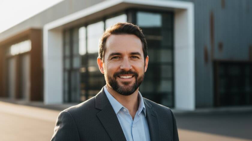 A confident business professional, illuminated by dramatic golden hour light, standing against a subtly blurred industrial backdrop in Altona North, showcasing their professional headshots that impress, capturing an epic moment of resolve and professionalism.