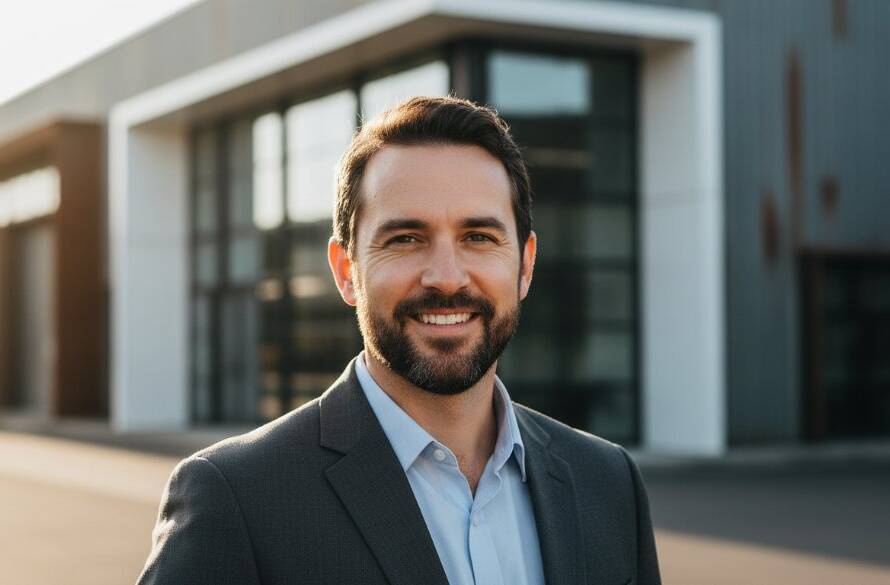 A confident business professional, illuminated by dramatic golden hour light, standing against a subtly blurred industrial backdrop in Altona North, showcasing their professional headshots that impress, capturing an epic moment of resolve and professionalism.