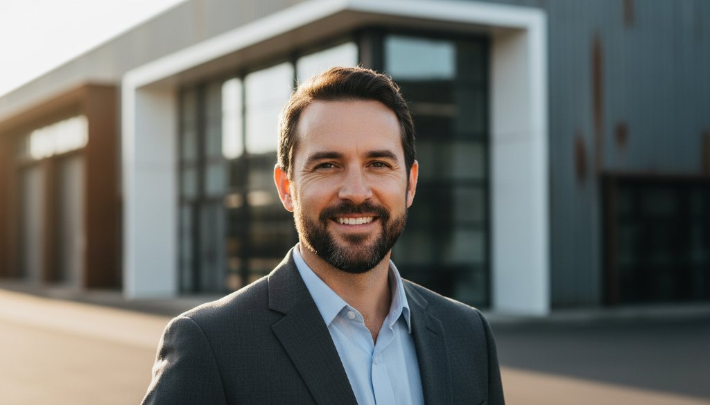 A confident business professional, illuminated by dramatic golden hour light, standing against a subtly blurred industrial backdrop in Altona North, showcasing their professional headshots that impress, capturing an epic moment of resolve and professionalism.