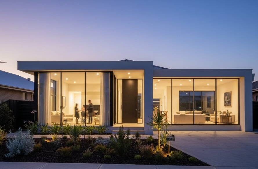 A dramatic twilight shot of a modern family home in Altona North, Victoria, showcasing professional Altona North Real Estate Photography Elevate Listings, with warm interior lights glowing against a deep blue sky, capturing its inviting ambiance and architectural elegance.