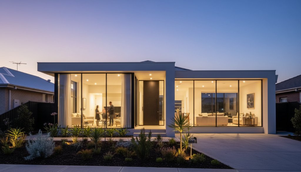 A dramatic twilight shot of a modern family home in Altona North, Victoria, showcasing professional Altona North Real Estate Photography Elevate Listings, with warm interior lights glowing against a deep blue sky, capturing its inviting ambiance and architectural elegance.