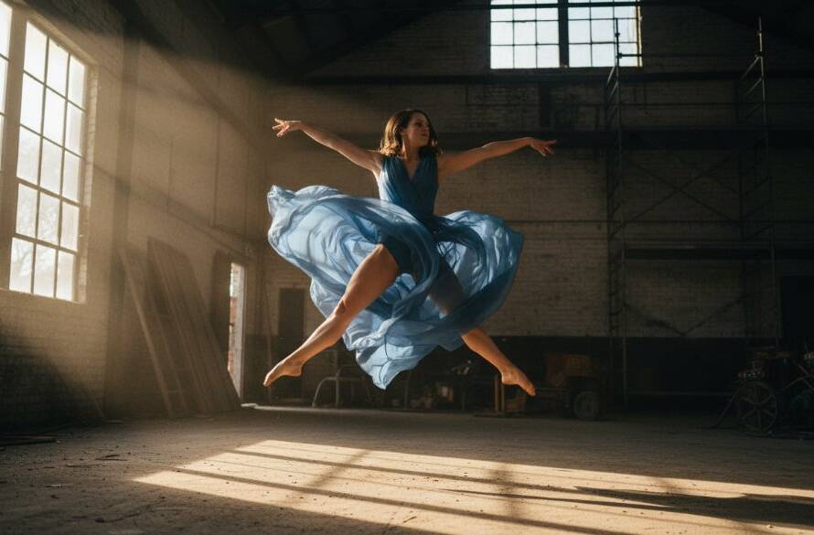 An elegant dancer captured in an epic, dynamic leap against a blurred urban sunset backdrop in Altona North, showcasing Altona North vibrant dance photography Melbourne with dramatic lighting and professional colour grading.
