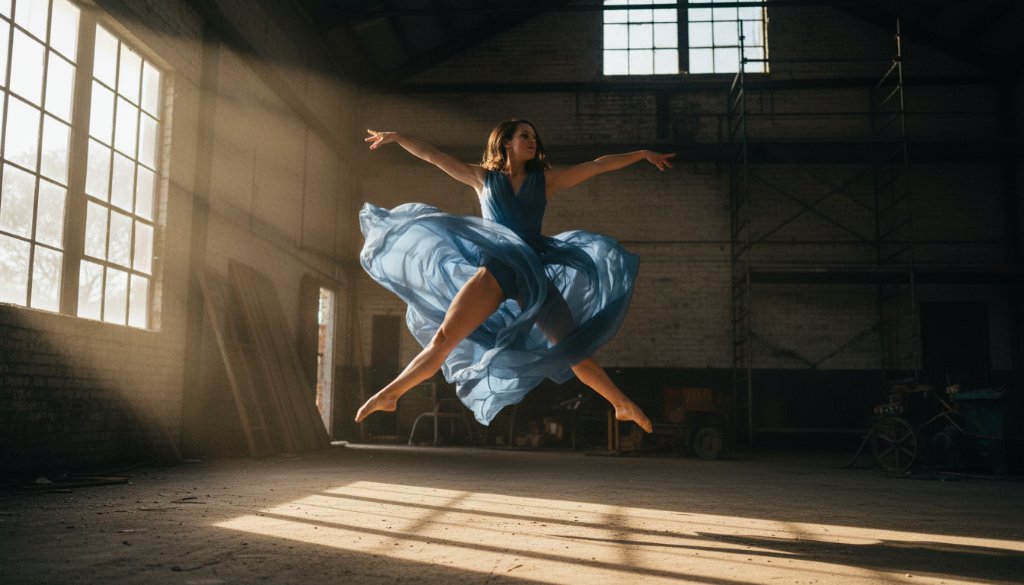 An elegant dancer captured in an epic, dynamic leap against a blurred urban sunset backdrop in Altona North, showcasing Altona North vibrant dance photography Melbourne with dramatic lighting and professional colour grading.